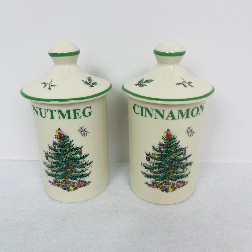 Spode Spice Jar Set 2 Piece Christmas Tree Nutmeg Cinnamon Ivory Green New